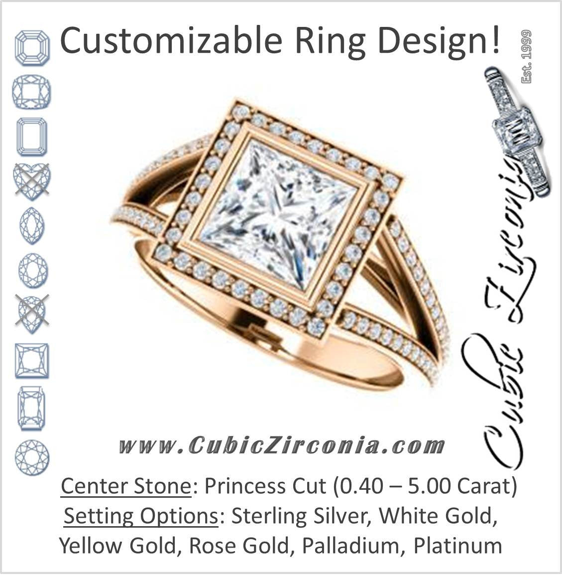 Cubic Zirconia Engagement Ring- The Maritza (Customizable Bezel-Halo Princess Cut Style with Pavé Split Band & Euro Shank)