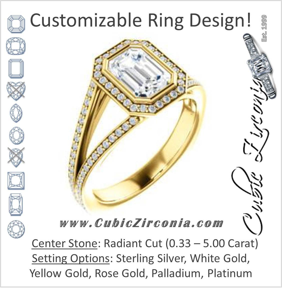 Cubic Zirconia Engagement Ring- The Maritza (Customizable Bezel-Halo Radiant Cut Style with Pavé Split Band & Euro Shank)