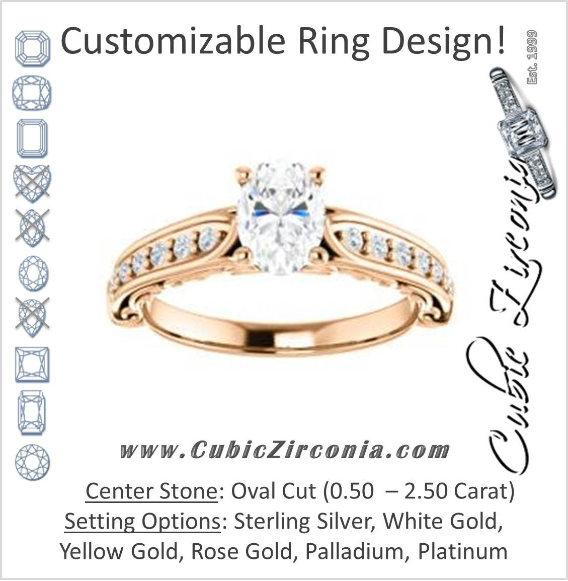 Cubic Zirconia Engagement Ring- The Martha (Customizable Oval Cut Setting with Pavé Three-sided Band and Peekaboos)