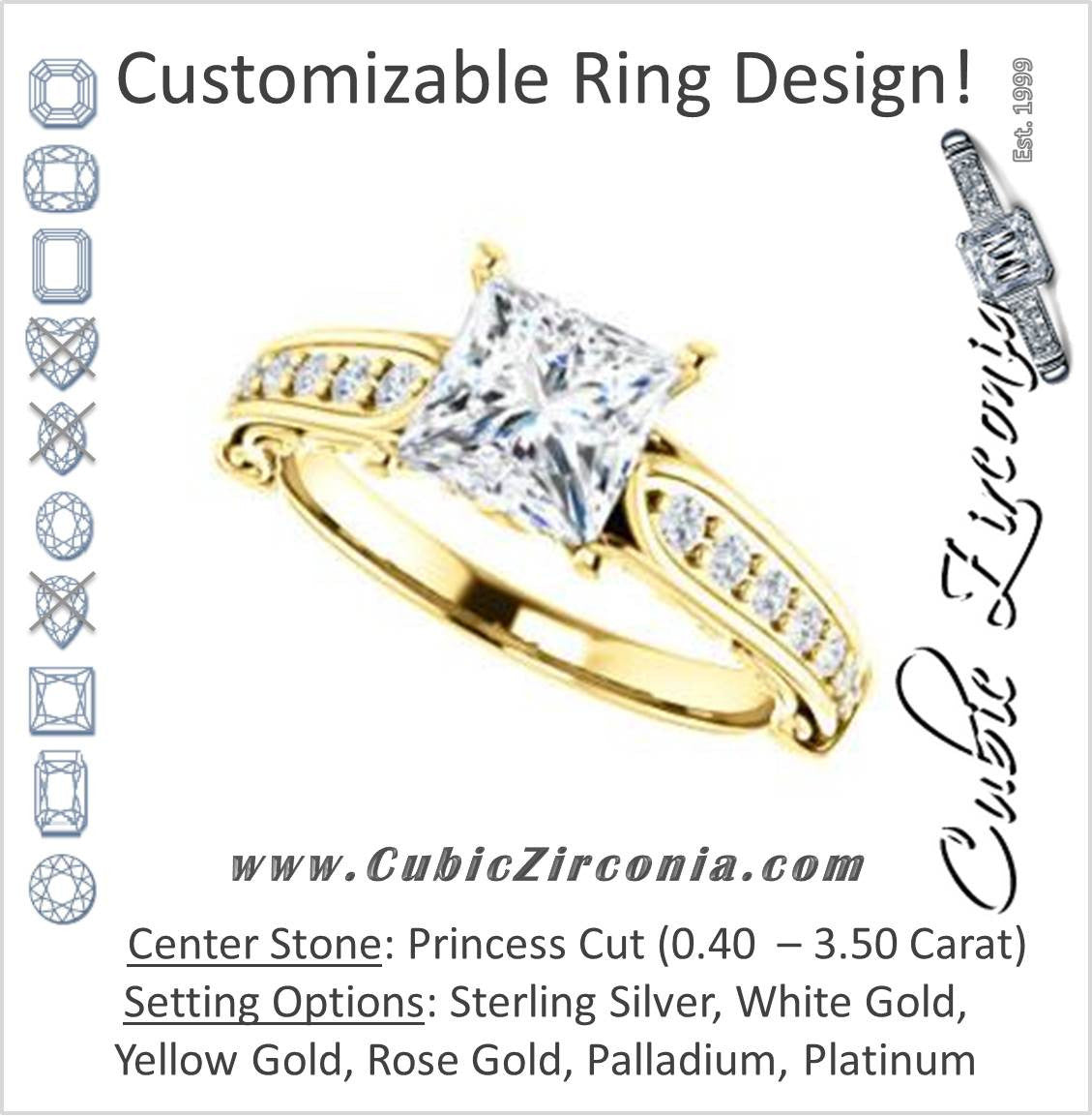 Cubic Zirconia Engagement Ring- The Martha (Customizable Princess Cut Setting with Pavé Three-sided Band and Peekaboos)