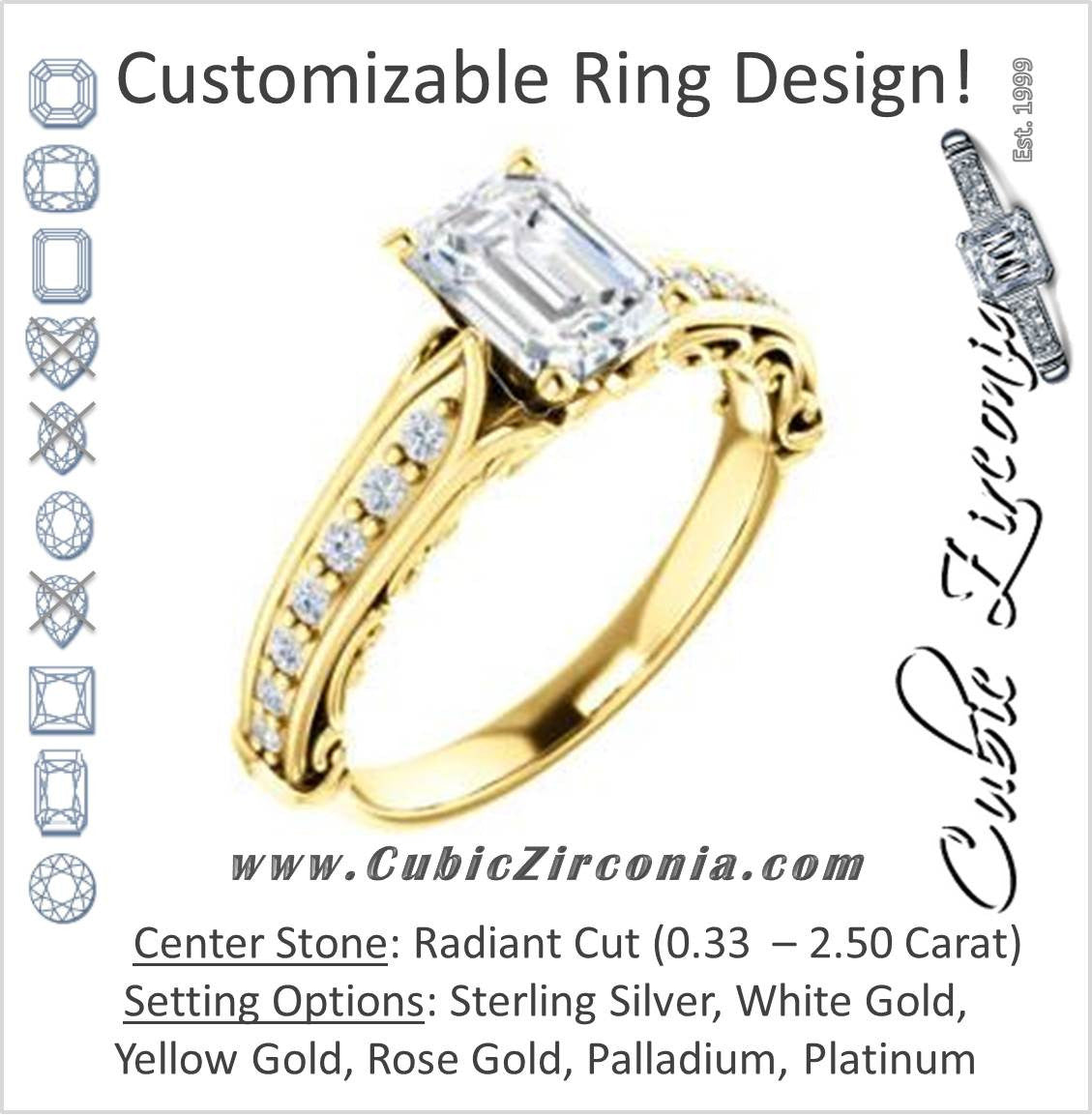 Cubic Zirconia Engagement Ring- The Martha (Customizable Radiant Cut Setting with Pavé Three-sided Band and Peekaboos)