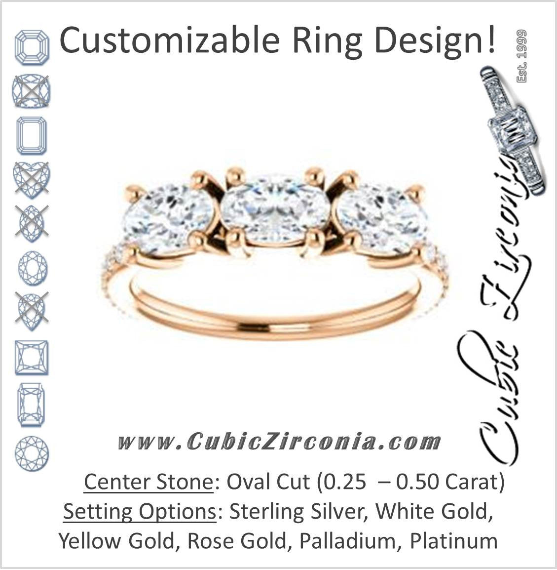 Cubic Zirconia Engagement Ring- The Mary Helen (Customizable Triple Oval Cut Design with Ultra Thin Pavé Band)