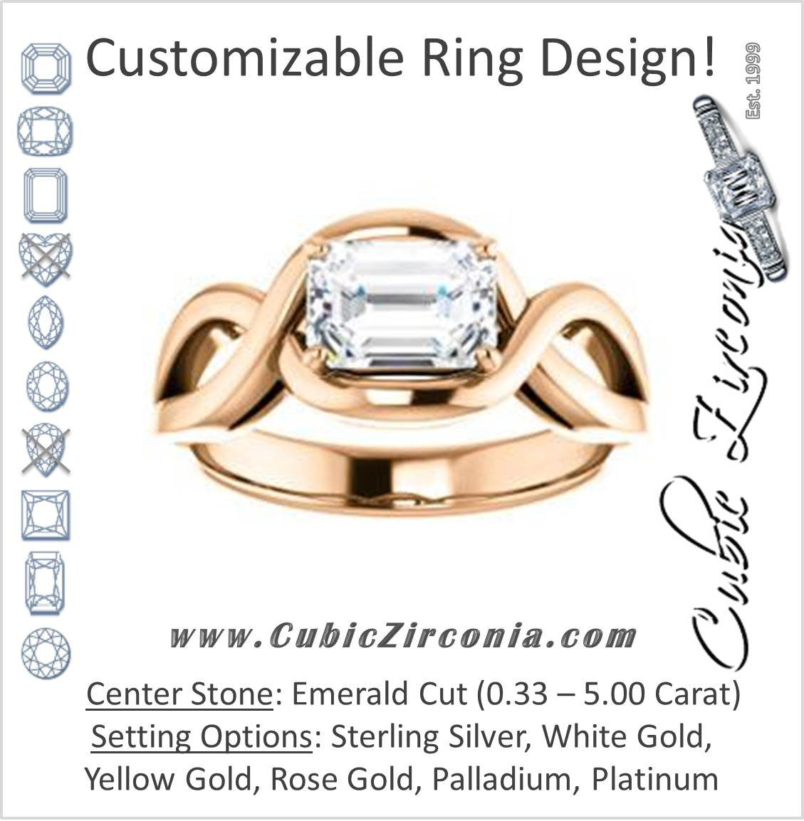 Cubic Zirconia Engagement Ring- The Maude (Customizable Cathedral-raised Emerald Cut Solitaire with Ribboned Split Band)