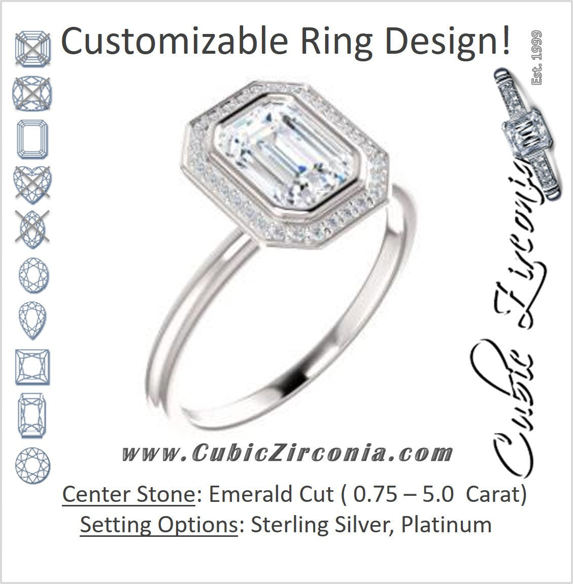 Cubic Zirconia Engagement Ring- The Maura (Customizable Bezel-set Emerald Cut Halo Design with Thin Band)