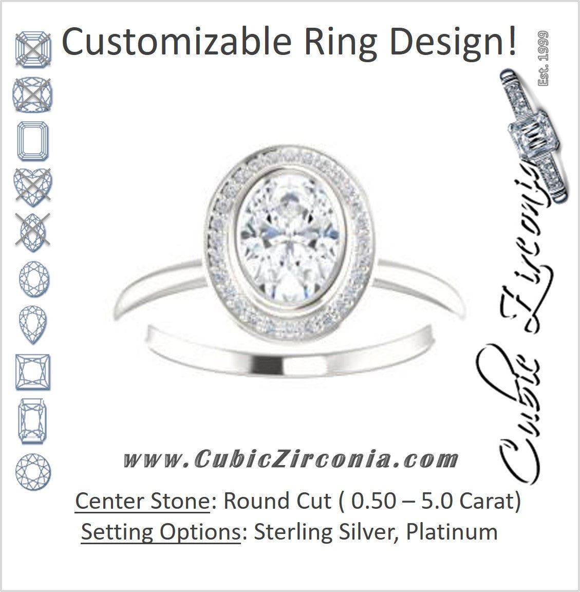 Cubic Zirconia Engagement Ring- The Maura (Customizable Bezel-set Oval Cut Halo Design with Thin Band)
