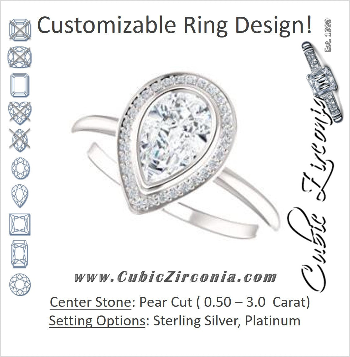 Cubic Zirconia Engagement Ring- The Maura (Customizable Bezel-set Pear Cut Halo Design with Thin Band)