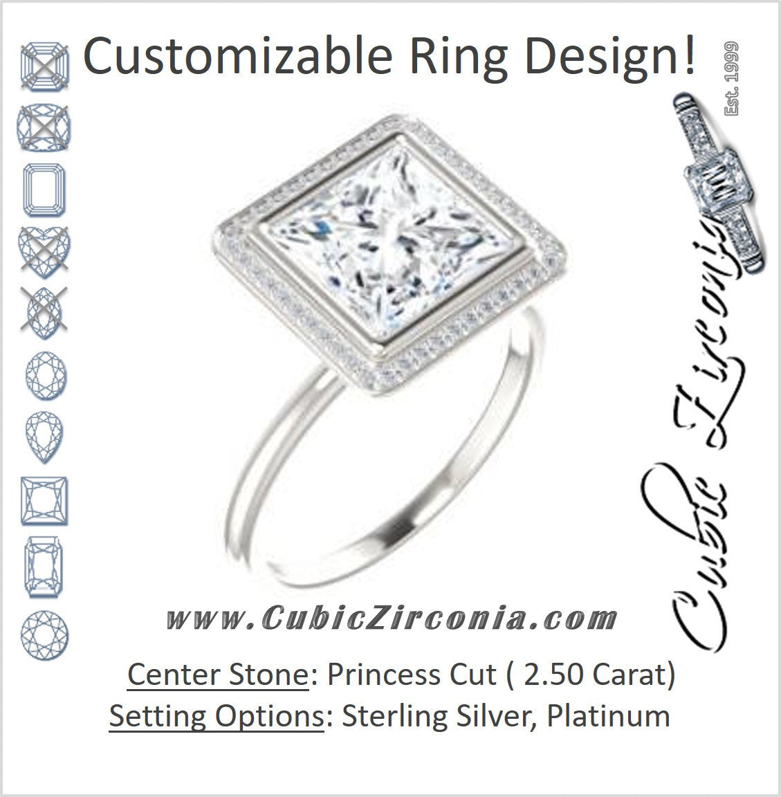 Cubic Zirconia Engagement Ring- The Maura (Customizable Bezel-set Princess Cut Halo Design with Thin Band)