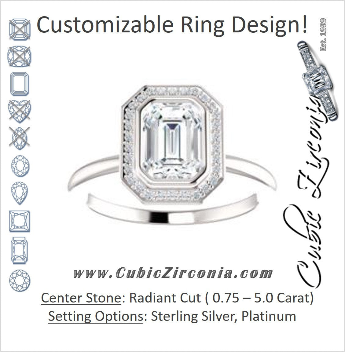 Cubic Zirconia Engagement Ring- The Maura (Customizable Bezel-set Radiant Cut Halo Design with Thin Band)