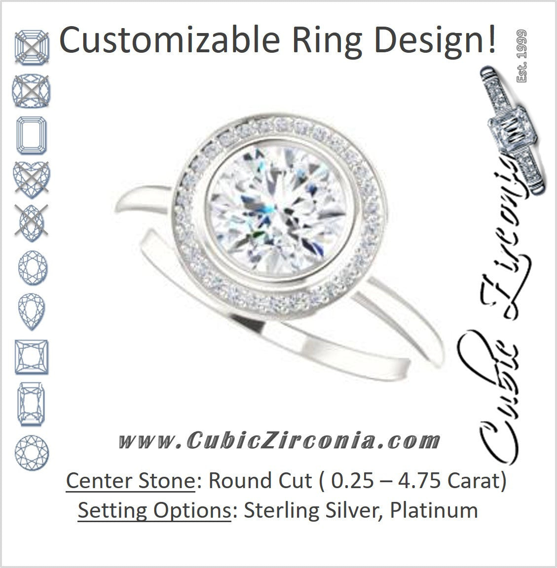 Cubic Zirconia Engagement Ring- The Maura (Customizable Bezel-set Round Cut Halo Design with Thin Band)