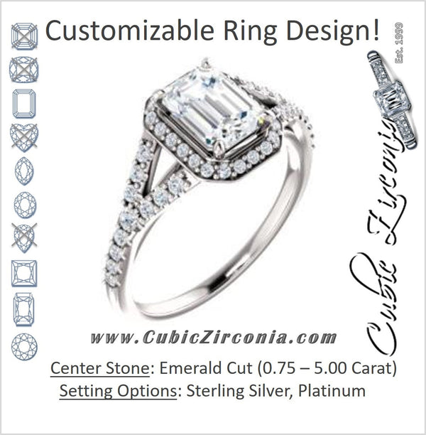 Cubic Zirconia Engagement Ring- The Mayte (Customizable Halo-Style Emerald Cut Design with Split-Pavé Band)