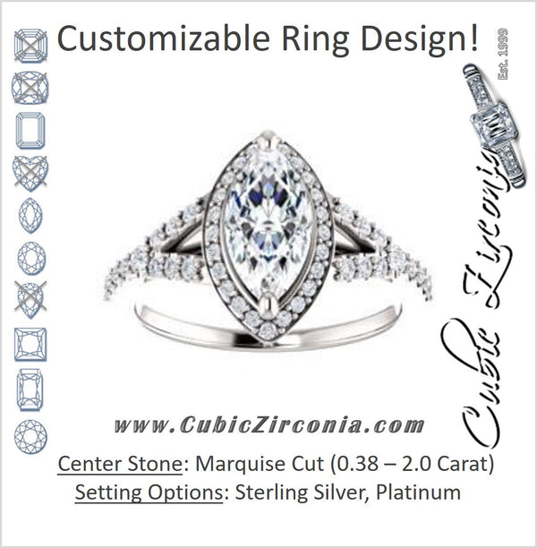 Cubic Zirconia Engagement Ring- The Mayte (Customizable Halo-Style Marquise Cut Design with Split-Pavé Band)