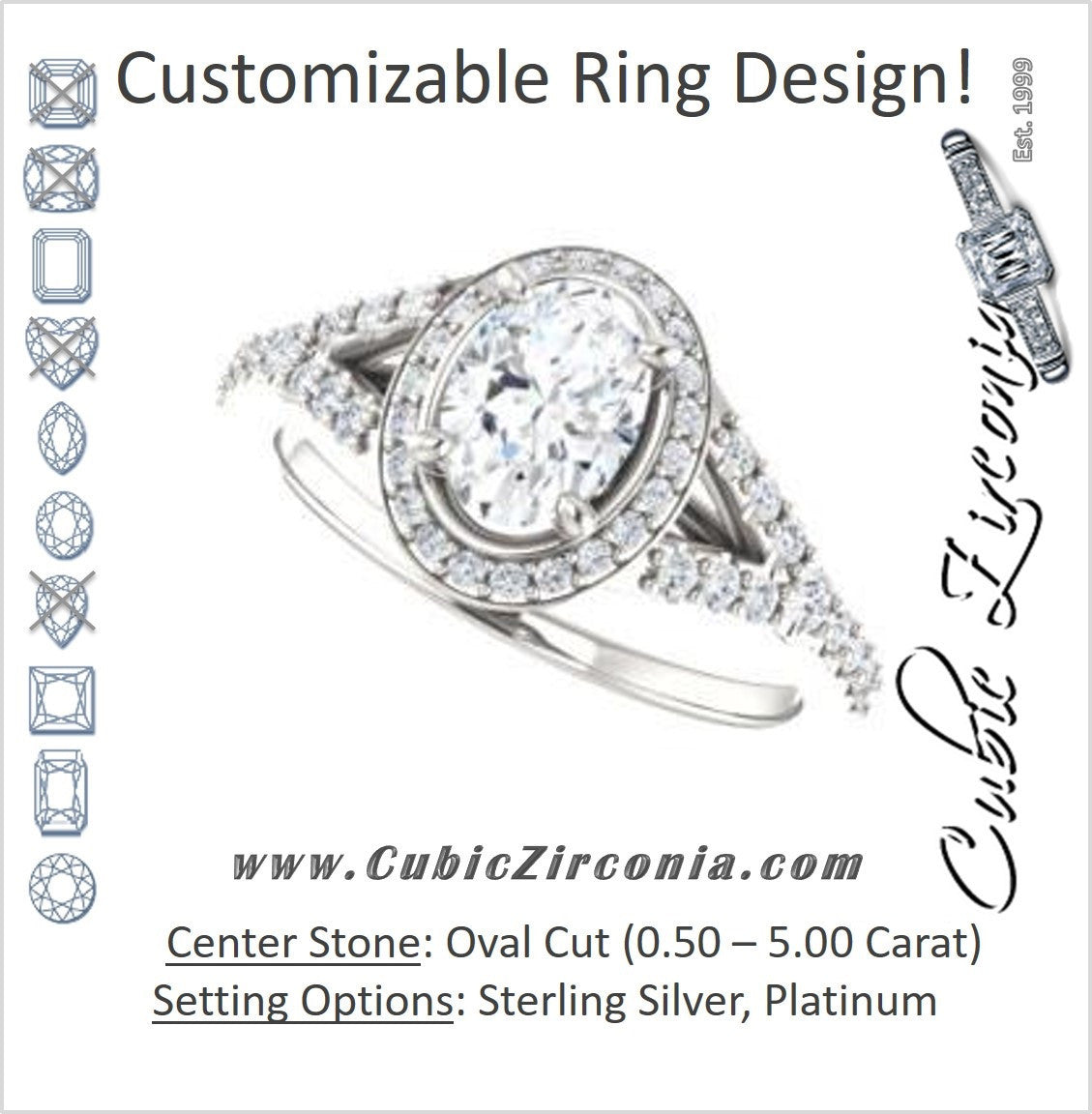 Cubic Zirconia Engagement Ring- The Mayte (Customizable Halo-Style Oval Cut Design with Split-Pavé Band)