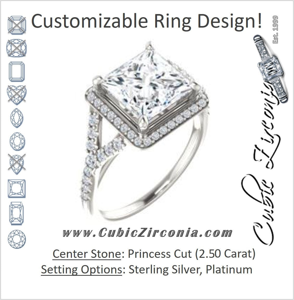 Cubic Zirconia Engagement Ring- The Mayte (Customizable Halo-Style Princess Cut Design with Split-Pavé Band)