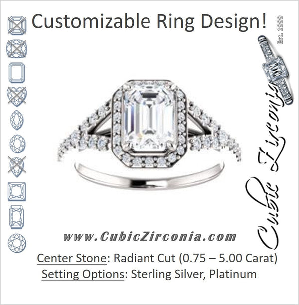 Cubic Zirconia Engagement Ring- The Mayte (Customizable Halo-Style Radiant Cut Design with Split-Pavé Band)