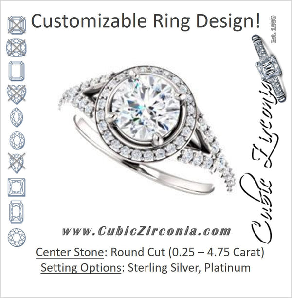 Cubic Zirconia Engagement Ring- The Mayte (Customizable Halo-Style Round Cut Design with Split-Pavé Band)
