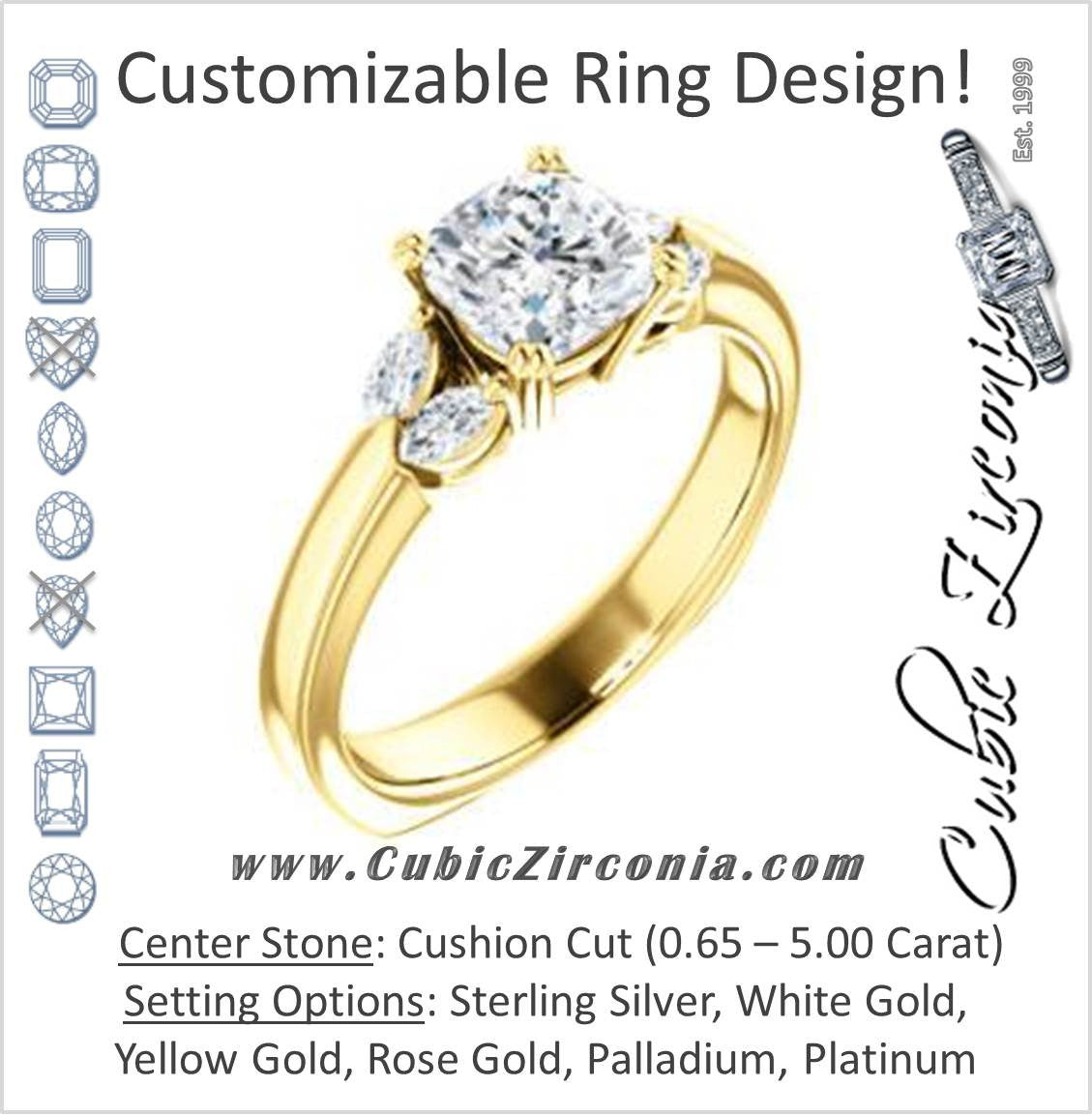 Cubic Zirconia Engagement Ring- The Melitza (Customizable Cushion Cut 5-stone with Marquise Accents)