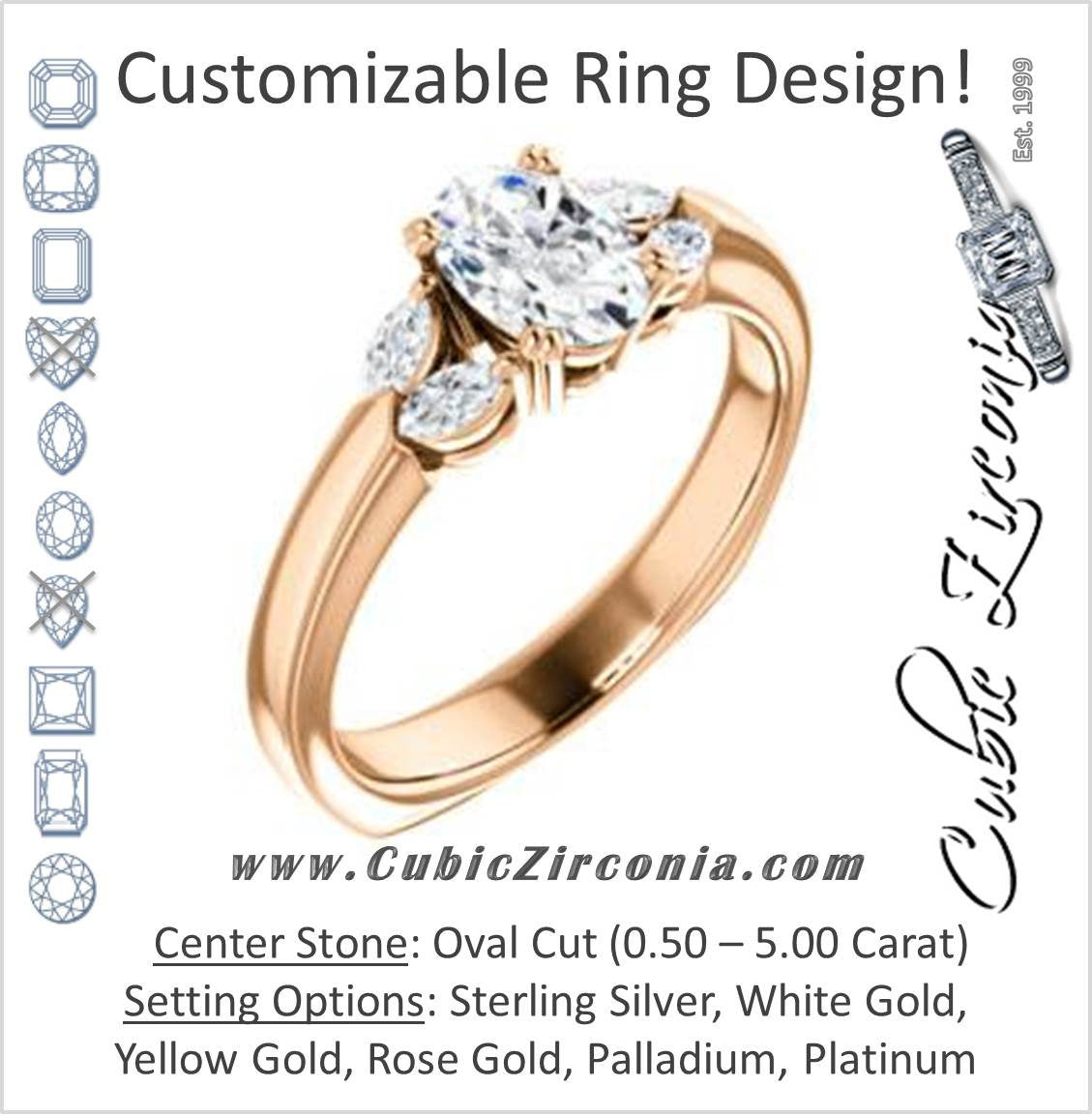 Cubic Zirconia Engagement Ring- The Melitza (Customizable Oval Cut 5-stone with Marquise Accents)