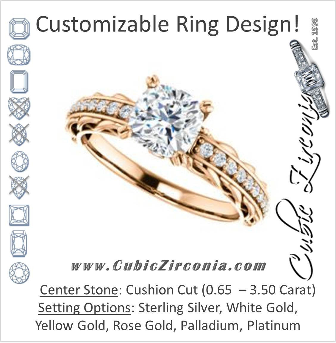 Cubic Zirconia Engagement Ring- The Melody (Customizable Cushion Cut Style with Lacy Filigree Metal Band Plus Pavé and Peekaboo Accents)