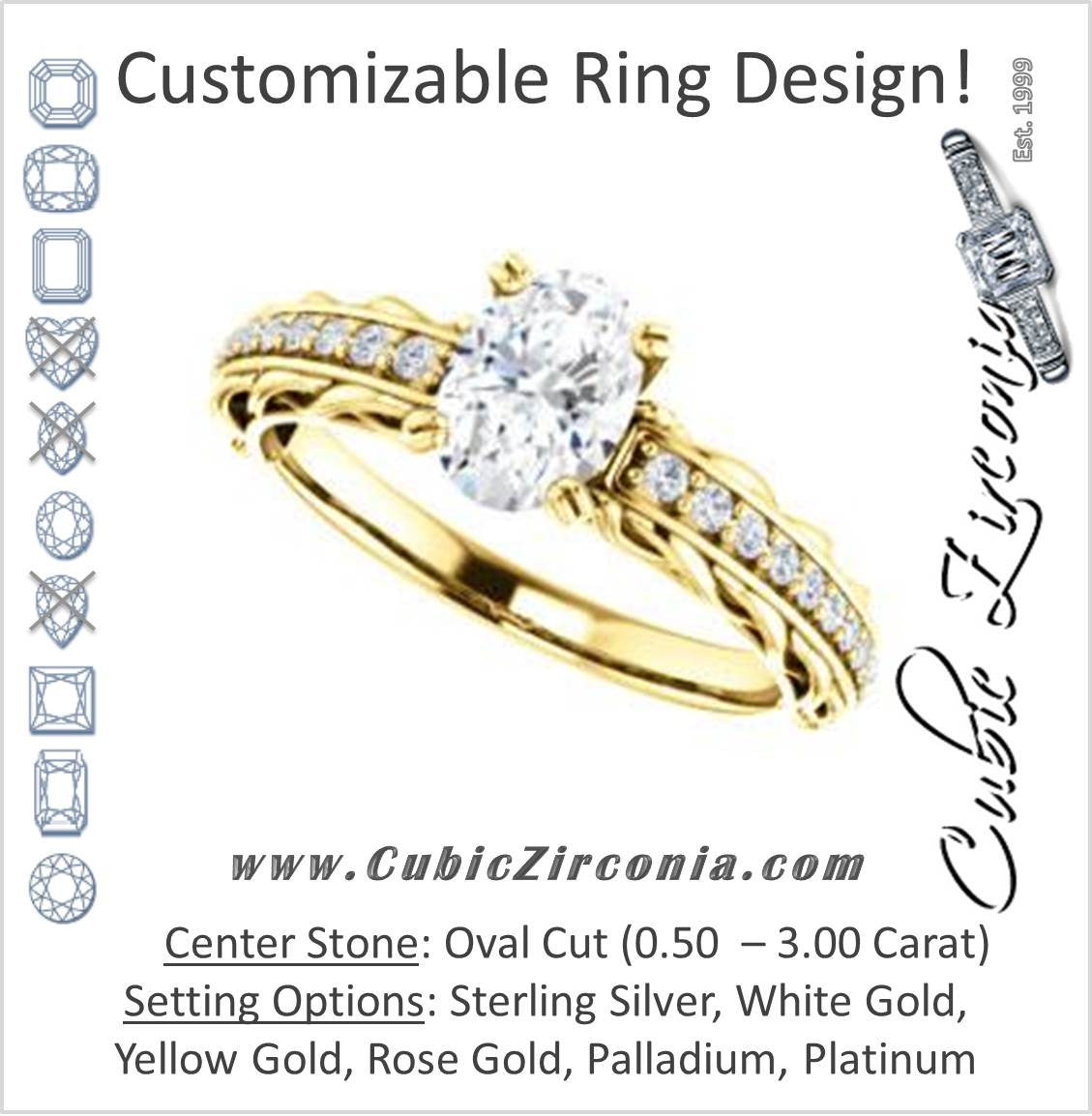 Cubic Zirconia Engagement Ring- The Melody (Customizable Oval Cut Style with Lacy Filigree Metal Band Plus Pavé and Peekaboo Accents)