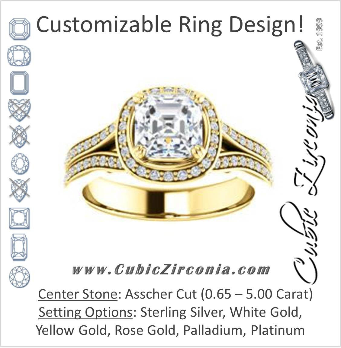 Cubic Zirconia Engagement Ring- The Mia Sofía (Customizable Cathedral-Halo Asscher Cut Style with Wide Split-Pavé Band)