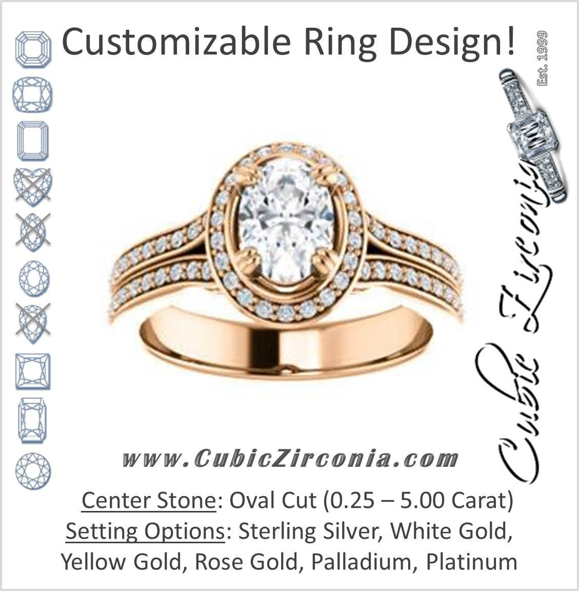 Cubic Zirconia Engagement Ring- The Mia Sofía (Customizable Cathedral-Halo Oval Cut Style with Wide Split-Pavé Band)