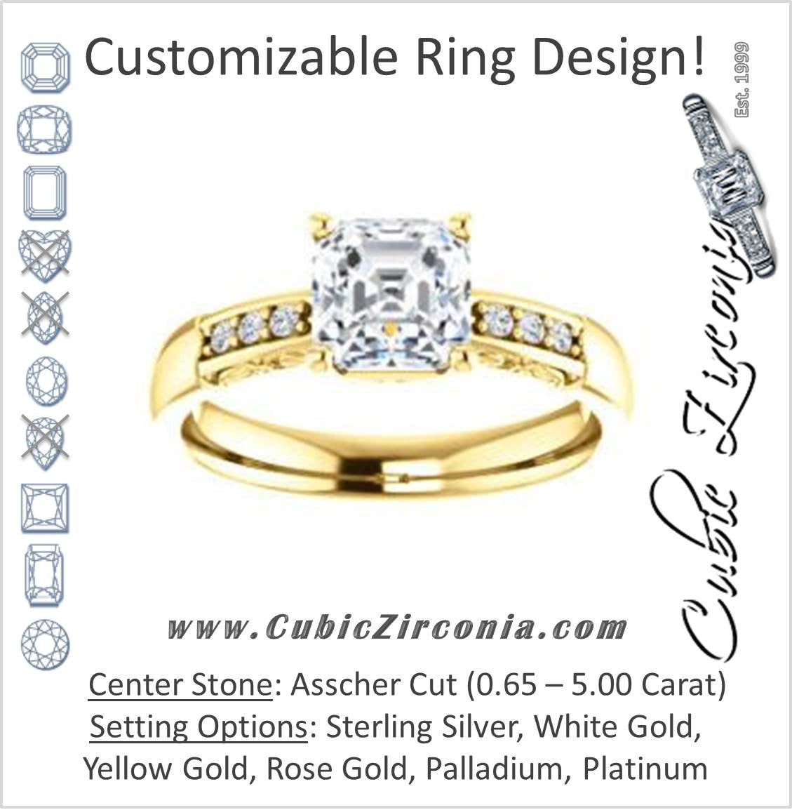 Cubic Zirconia Engagement Ring- The Migdala (Customizable 7-stone Asscher Cut Design with Round Channel Accents & Decorative Filigree)