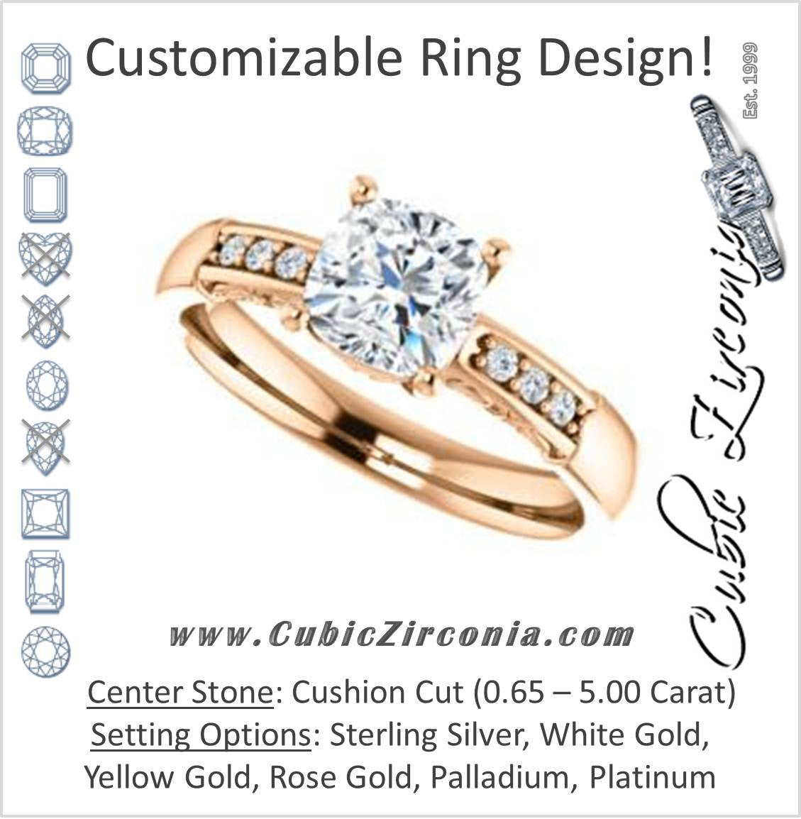 Cubic Zirconia Engagement Ring- The Migdala (Customizable 7-stone Cushion Cut Design with Round Channel Accents & Decorative Filigree)