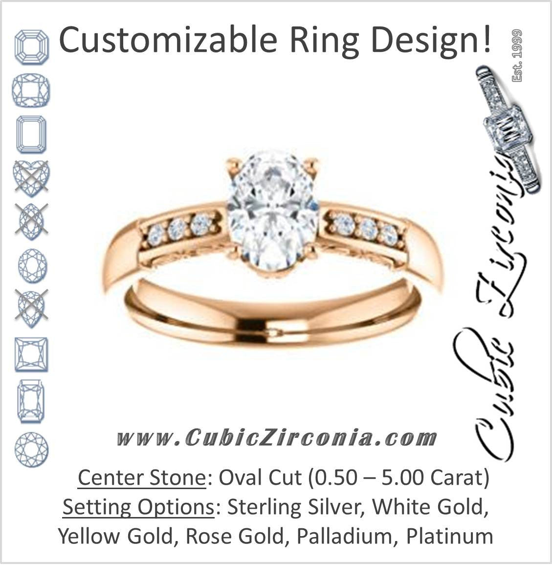 Cubic Zirconia Engagement Ring- The Migdala (Customizable 7-stone Oval Cut Design with Round Channel Accents & Decorative Filigree)