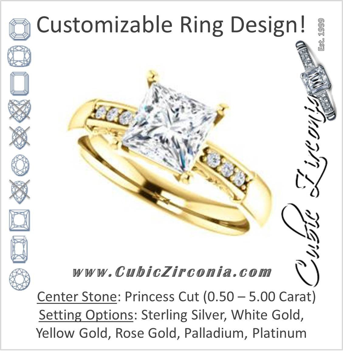 Cubic Zirconia Engagement Ring- The Migdala (Customizable 7-stone Princess Cut Design with Round Channel Accents & Decorative Filigree)