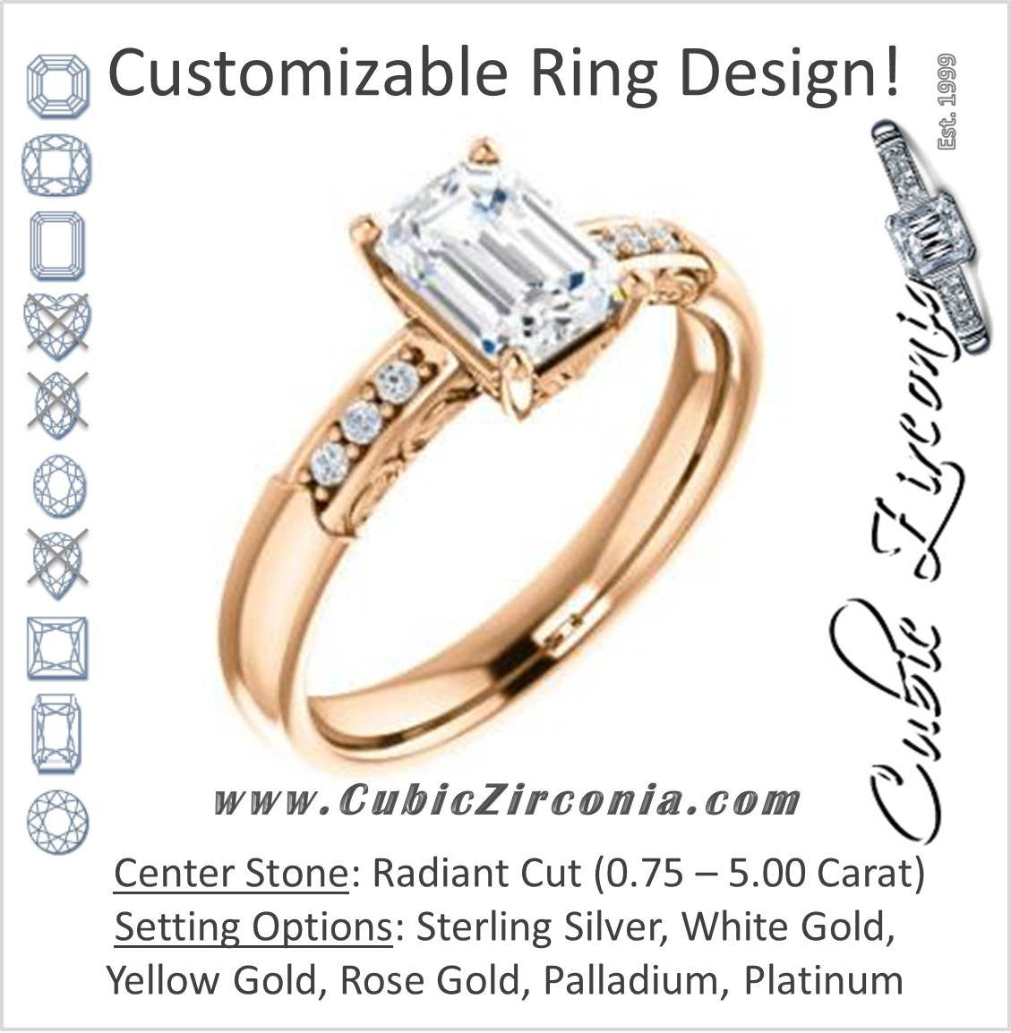 Cubic Zirconia Engagement Ring- The Migdala (Customizable 7-stone Radiant Cut Design with Round Channel Accents & Decorative Filigree)