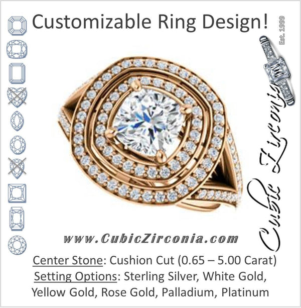 Cubic Zirconia Engagement Ring- The Miriam (Double Halo Ultra-Wide Split Pavé Band with Customizable Cushion Cut Center)