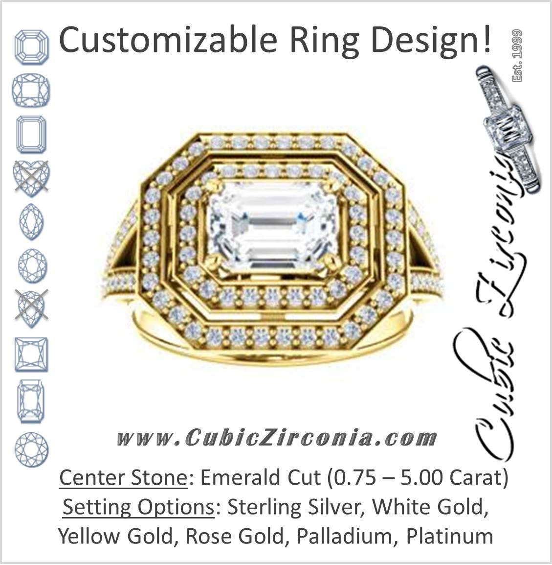 Cubic Zirconia Engagement Ring- The Miriam (Double Halo Ultra-Wide Split Pavé Band with Customizable Emerald Cut Center)