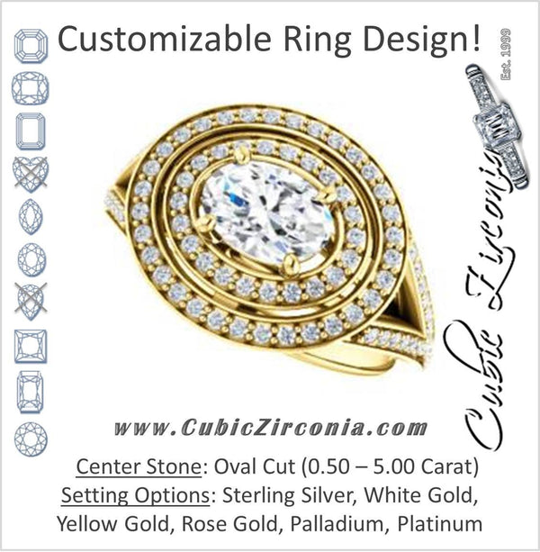 Cubic Zirconia Engagement Ring- The Miriam (Double Halo Ultra-Wide Split Pavé Band with Customizable Oval Cut Center)