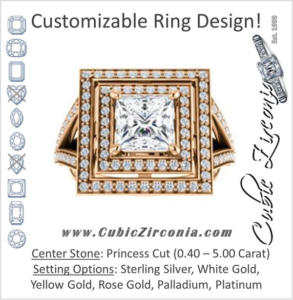 Cubic Zirconia Engagement Ring- The Miriam (Double Halo Ultra-Wide Split Pavé Band with Customizable Princess Cut Center)