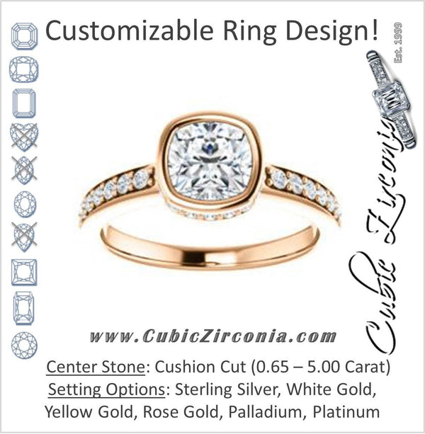 Cubic Zirconia Engagement Ring- The Monaco (Customizable Vintage Cushion Cut Design with Crown-inspired Under-halo Trellis and Pavé Band)