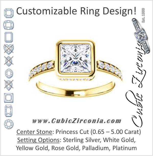 Cubic Zirconia Engagement Ring- The Monaco (Customizable Vintage Princess Cut Design with Crown-inspired Under-halo Trellis and Pavé Band)