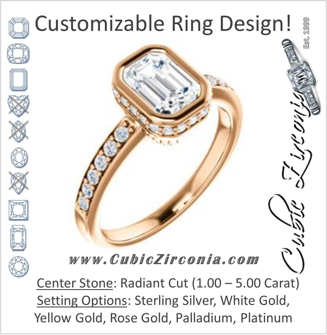 Cubic Zirconia Engagement Ring- The Monaco (Customizable Vintage Radiant Cut Design with Crown-inspired Under-halo Trellis and Pavé Band)