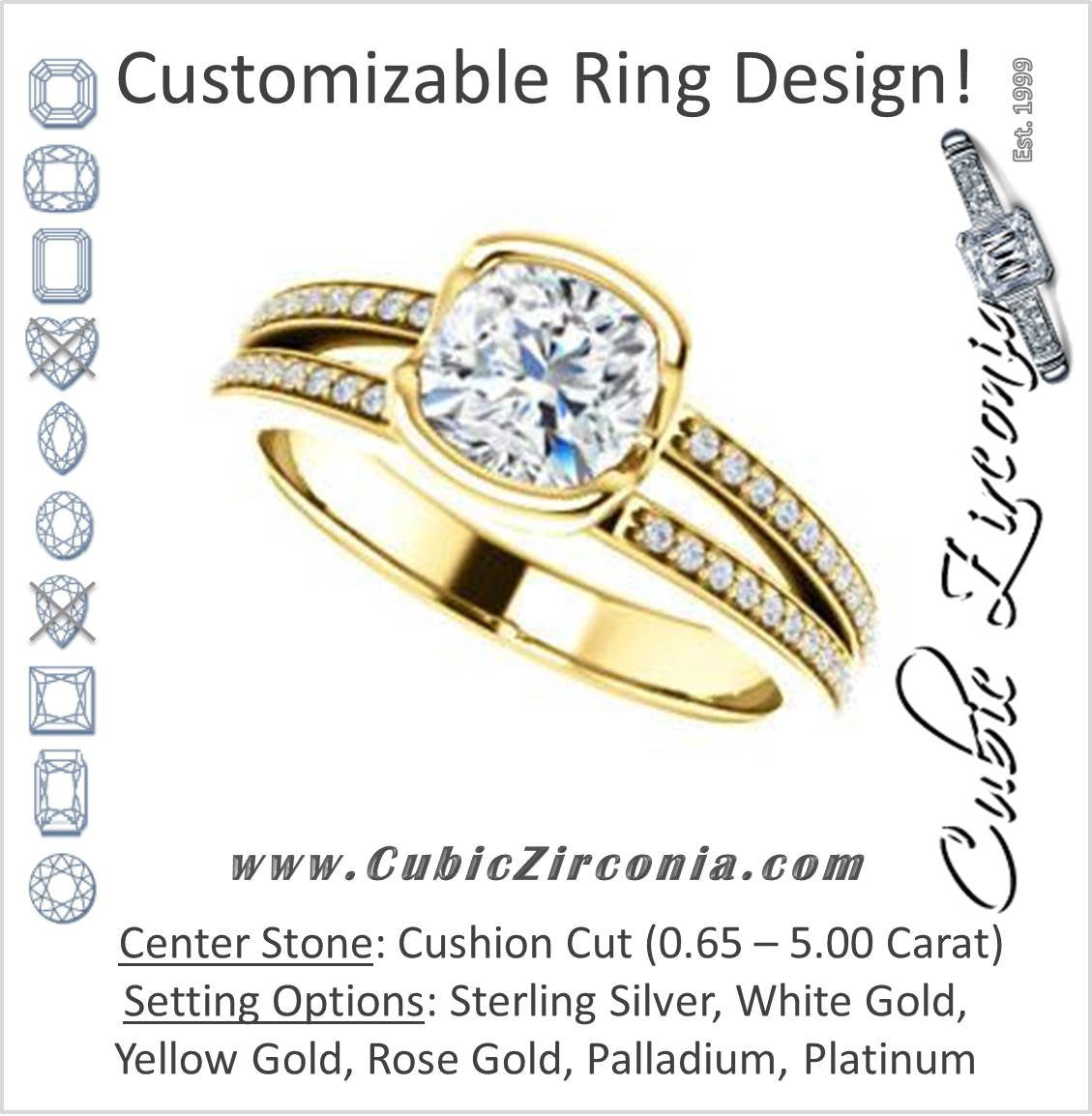 Cubic Zirconia Engagement Ring- The Monami (Customizable Bezel Cushion Cut with Split-pavé Band Accents & Euro Shank)
