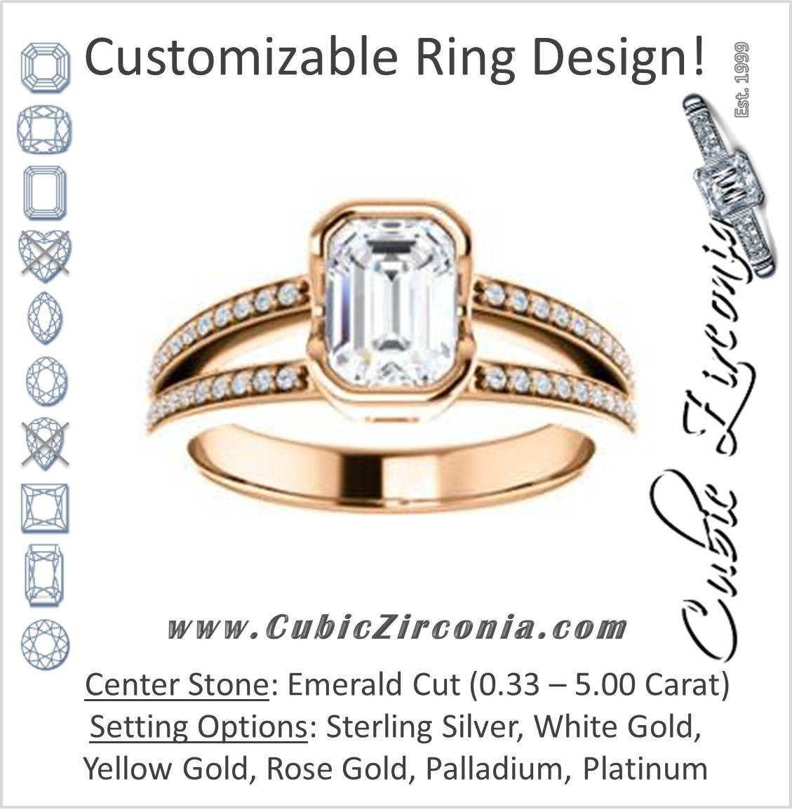 Cubic Zirconia Engagement Ring- The Monami (Customizable Bezel Emerald Cut with Split-pavé Band Accents & Euro Shank)