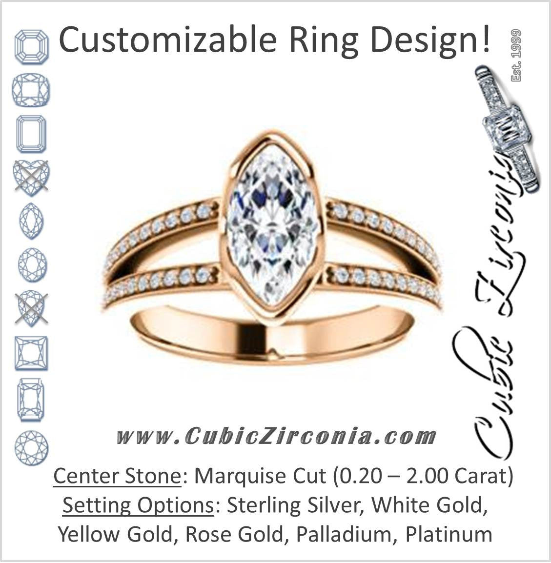 Cubic Zirconia Engagement Ring- The Monami (Customizable Bezel Marquise Cut with Split-pavé Band Accents & Euro Shank)