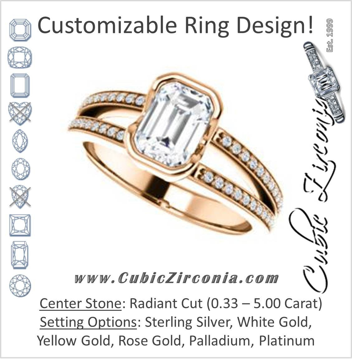 Cubic Zirconia Engagement Ring- The Monami (Customizable Bezel Radiant Cut with Split-pavé Band Accents & Euro Shank)