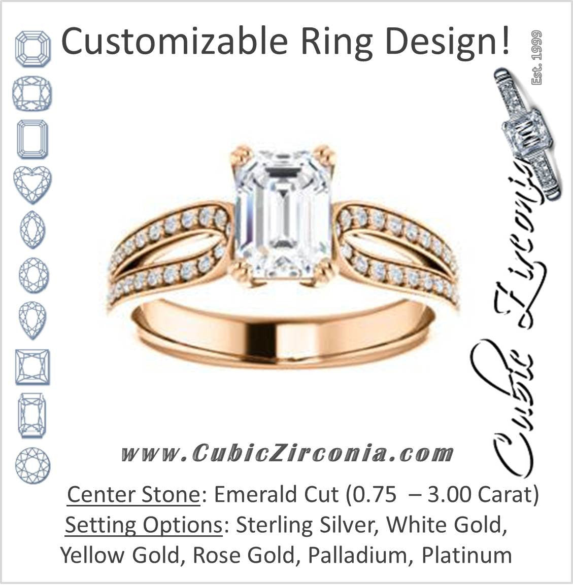Cubic Zirconia Engagement Ring- The Monet (Customizable Emerald Cut Design with Wide Split-Pavé Band)