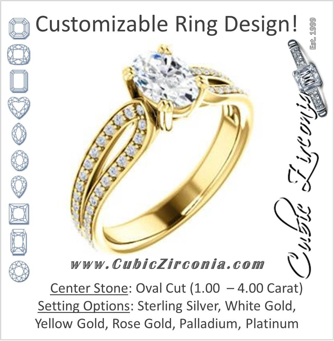 Cubic Zirconia Engagement Ring- The Monet (Customizable Oval Cut Design with Wide Split-Pavé Band)