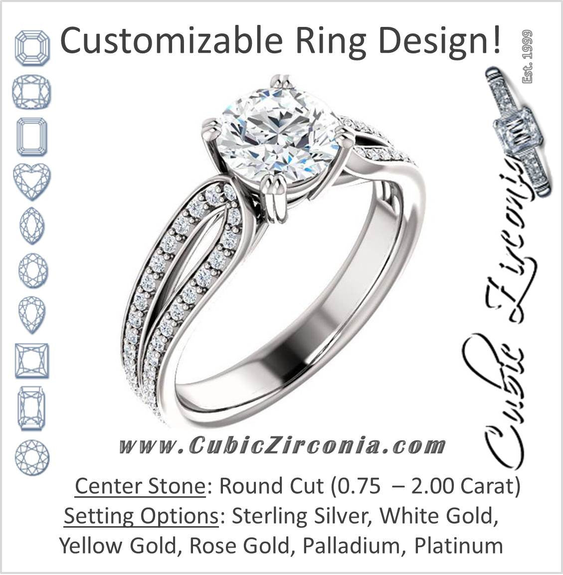 Cubic Zirconia Engagement Ring- The Monet (Customizable Round Cut Design with Wide Split-Pavé Band)