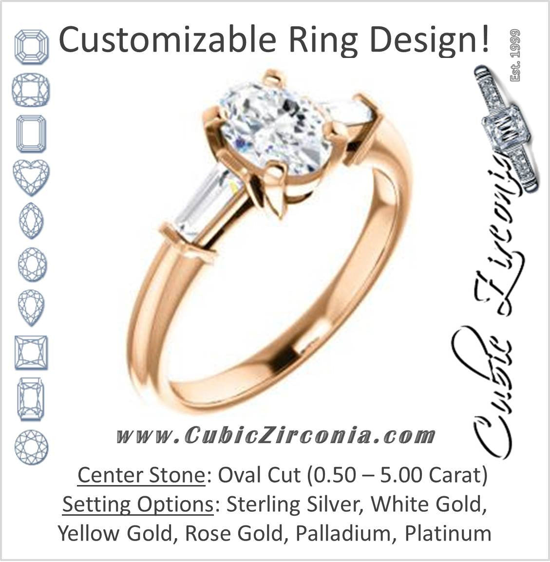 Cubic Zirconia Engagement Ring- The Monica (Customizable Oval Cut Center with Dual Tapered Baguettes)