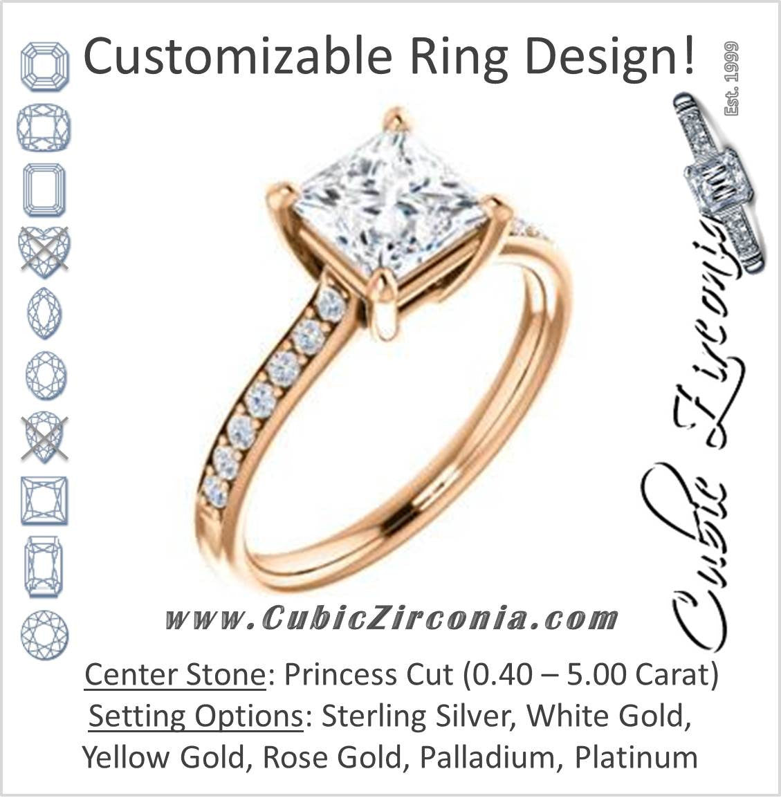 Cubic Zirconia Engagement Ring- The Monikama (Customizable Princess Cut Thin Band Design with Round Accents)