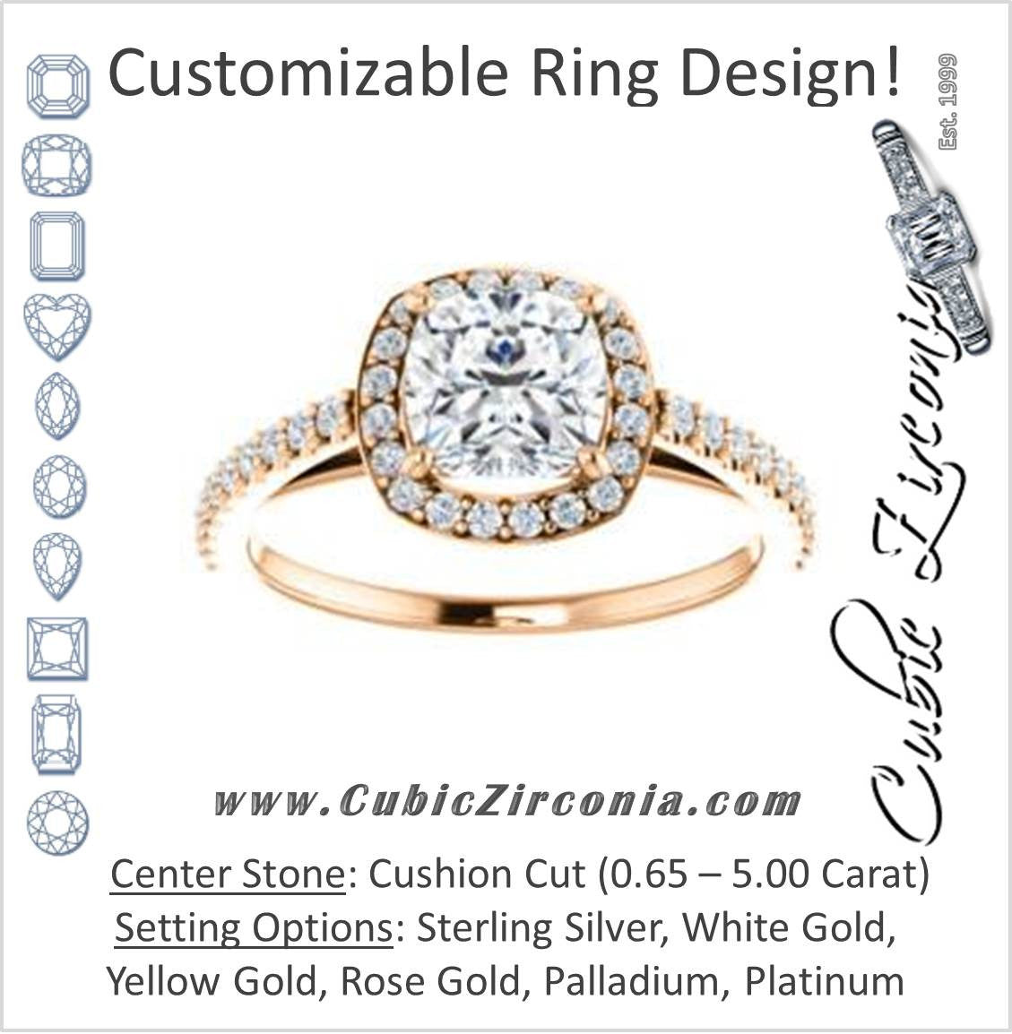 Cubic Zirconia Engagement Ring- The Monique (Customizable Cushion Cut Cathedral-Halo with Thin Pave-Band)