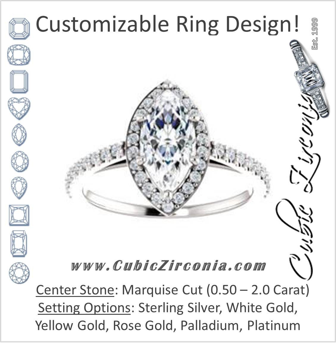Cubic Zirconia Engagement Ring- The Monique (Customizable Marquise Cut Cathedral-Halo with Thin Pave-Band)