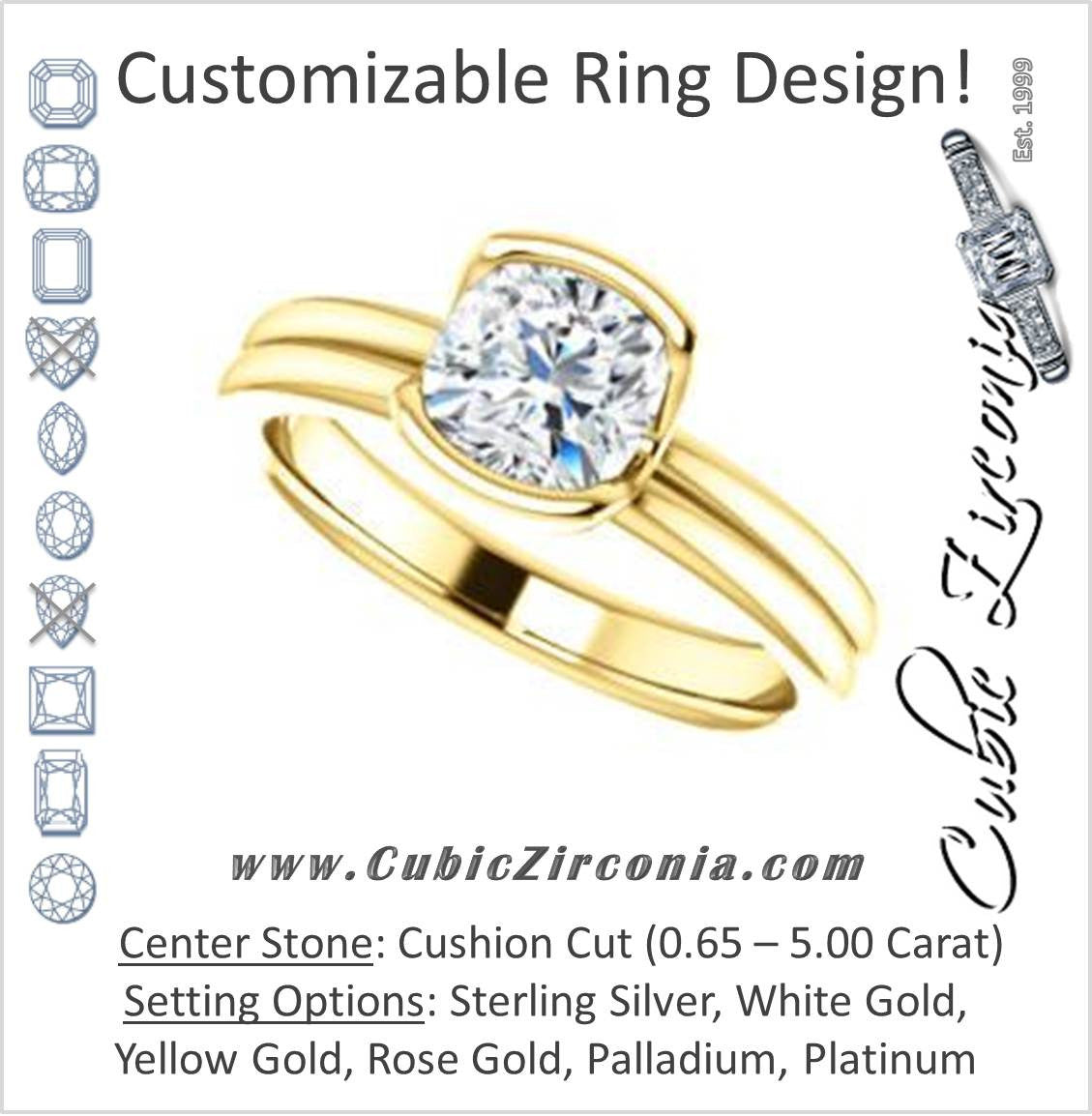 Cubic Zirconia Engagement Ring- The Monse (Customizable Bezel-set Cushion Cut Solitaire with Grooved Band & Euro Shank)