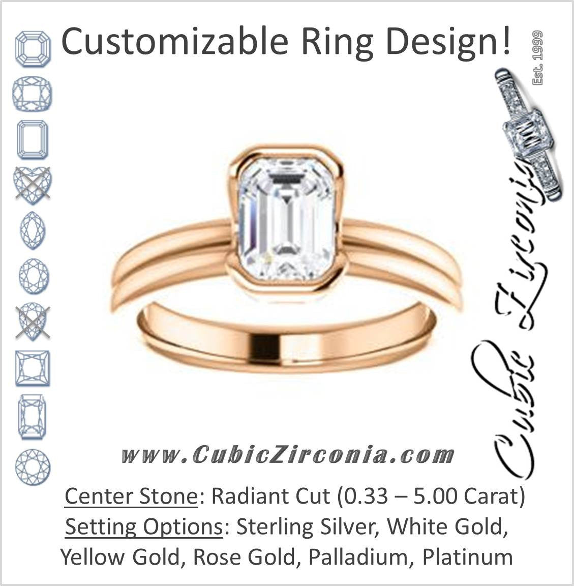 Cubic Zirconia Engagement Ring- The Monse (Customizable Bezel-set Radiant Cut Solitaire with Grooved Band & Euro Shank)